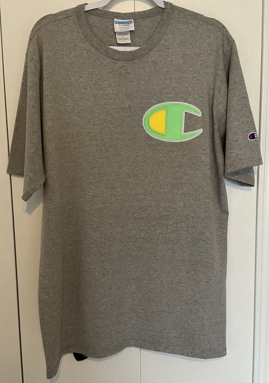 VINTAGE Extra Large XL Champion Big Oversized Embroidered Logo Patch T Shirt EUC